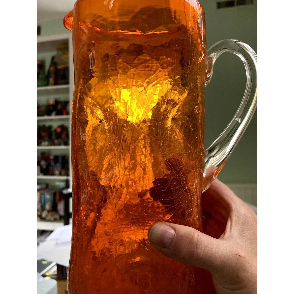 Vintage Blenko crackle glass dimpled tall pitcher Amberina orange clear handle